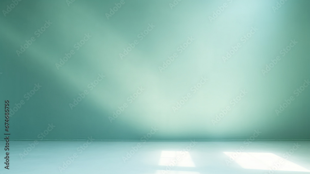 Minimal  room interior with incident light from window. Pastel green color. Copy space. Generative AI