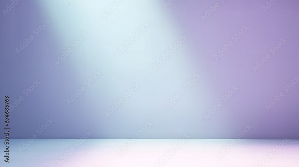 Minimal  room interior with incident light from window. Pastel purple color. Copy space. Generative AI