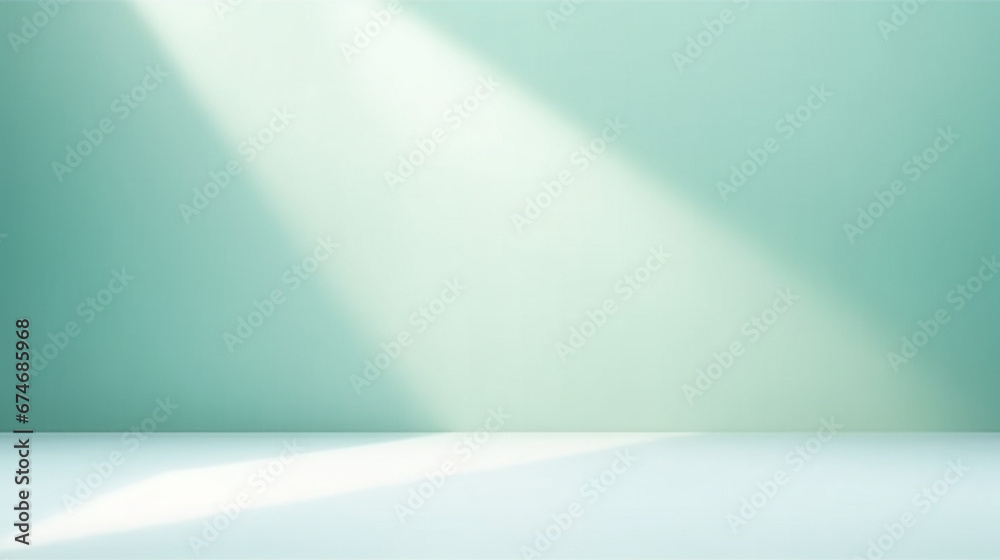 Minimal  room interior with incident light from window. Pastel green color. Copy space. Generative AI