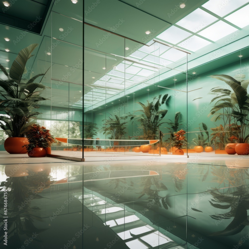 a indoor pool with plants in pots