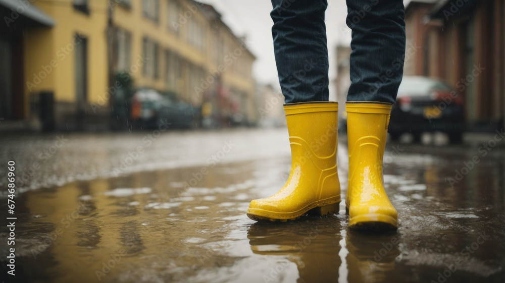 person walking in the rain in yellow rubber boots