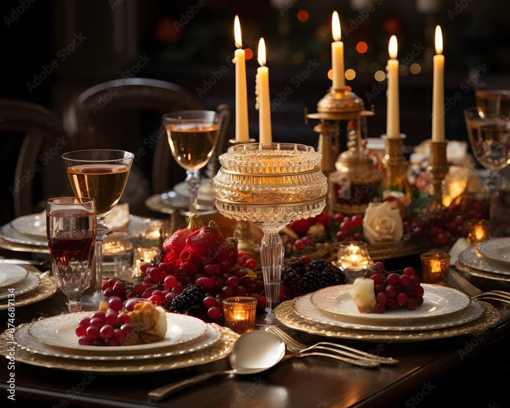 Festive table setting with candles and wineglasses. Selective focus.