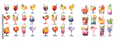 Watercolor cocktail drinks set on white background. Watercolor painting daily routine objects. Hand drawn colorful Sublimation design,white background photo