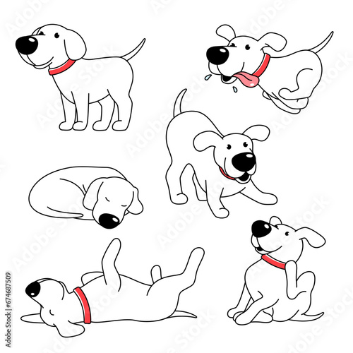 Funny happy dog, cartoon, comic character in various poses, vector drawing