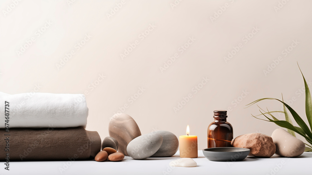Spa composition with spa stones, towels, candles and bottles of oils. Spa items on a light gray background. Relaxation and health concept. Place for text