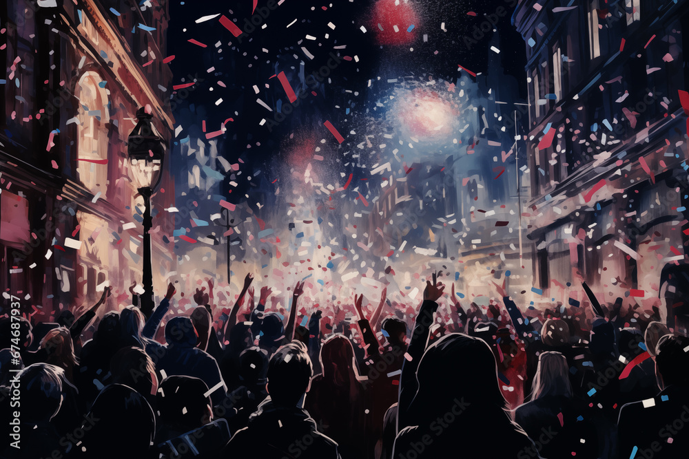the crowd on the street celebrates on New Year's Eve - obrazy, fototapety, plakaty 