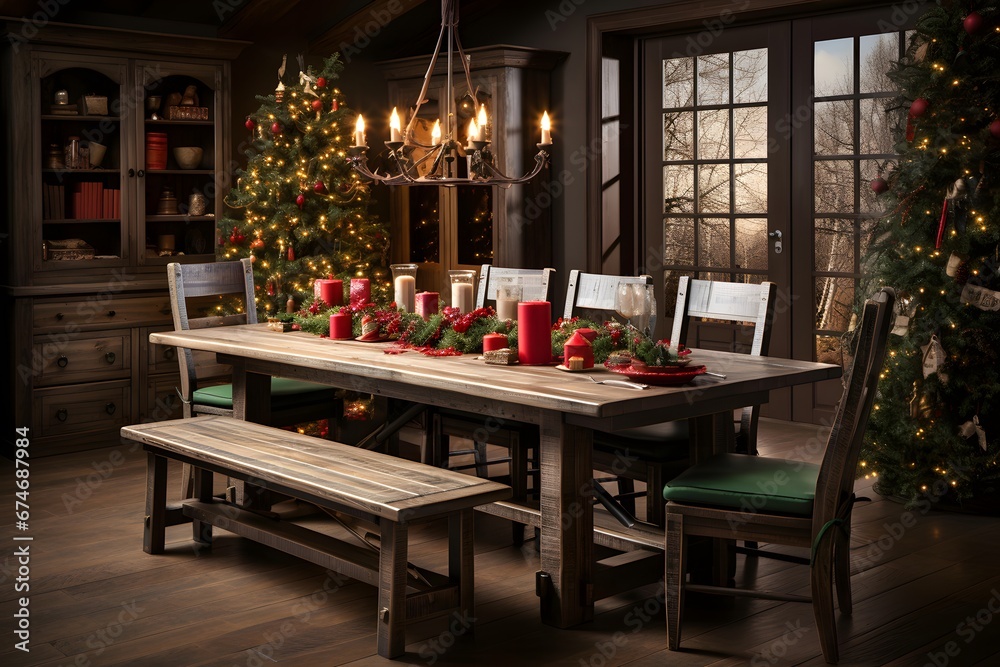 Wooden table and chairs in living room with Christmas tree in background