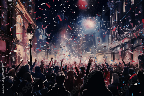 the crowd on the street celebrates on New Year's Eve photo