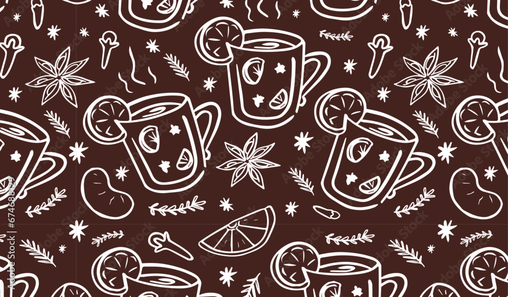 Seamless pattern of Mulled wine spices, anise stars, cinnamon, fir branches, orange slices, zest, cloves. Winter Christmas drink in glass with garnish. Hand drawn wallpaper. 
