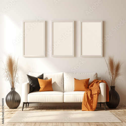 Three vertical frame mock-ups, mock-up poster on the living room wall. Interior model. Apartment background. Modern interior design. 3D render photo