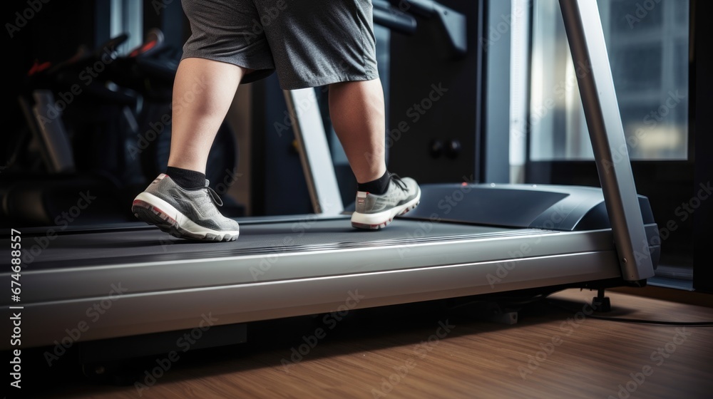 Legs of overweight man walking on treadmill in gym with modern sports equipment. Desire to get rid of fat and mass in adulthood. Side view. Cropped photo.