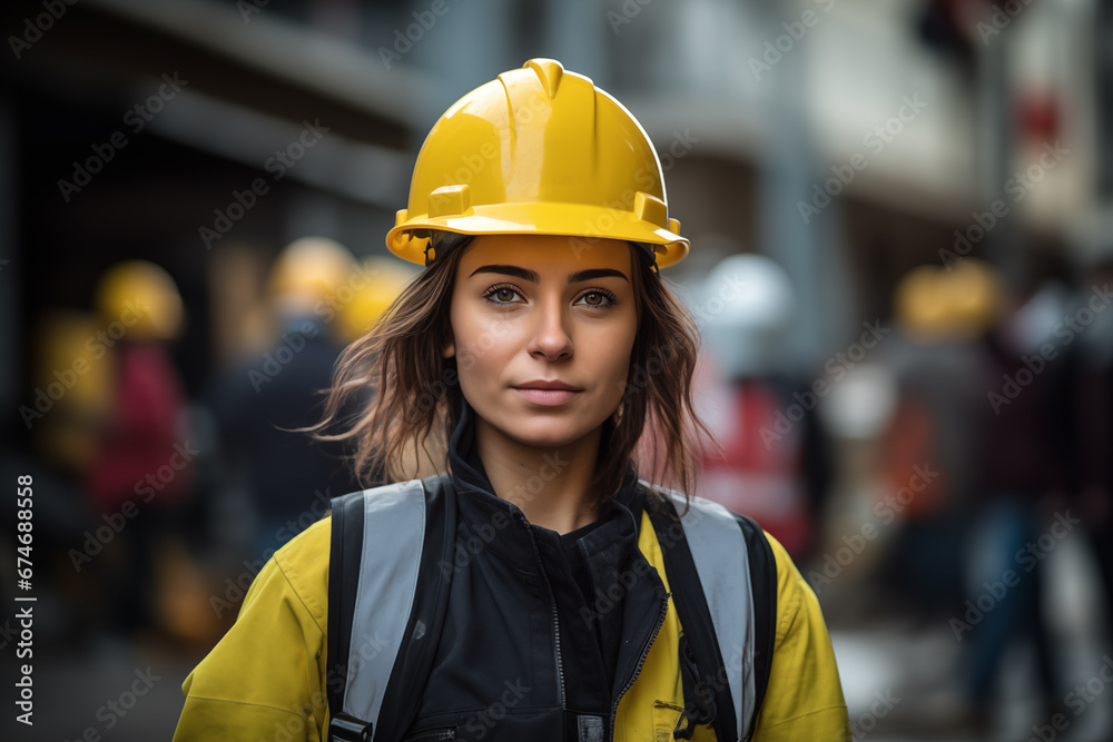 portrait of a female worker in a construction helmet - obrazy, fototapety, plakaty 