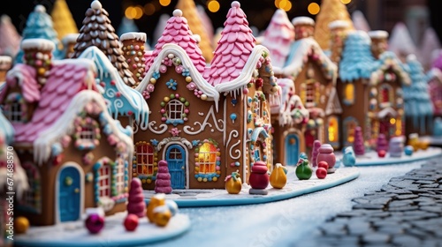 Colorful Decorated mini ginger bread house village photo