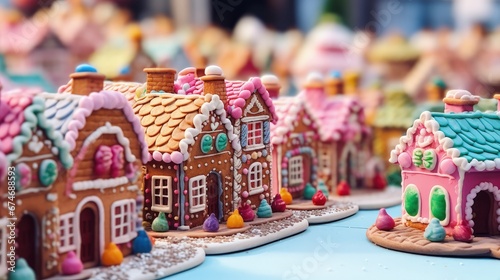 Colorful Decorated mini ginger bread house village photo