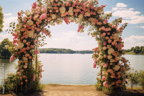 flower arch on the background of the lake photo