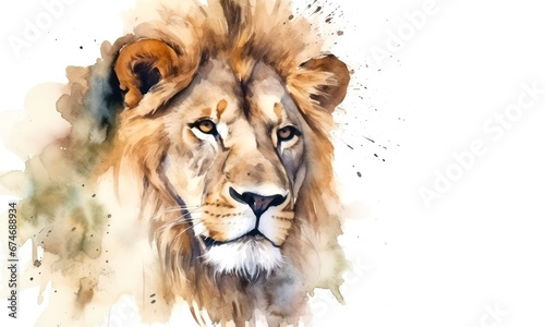 Portrait of a majestic lion on white background in watercolor style.