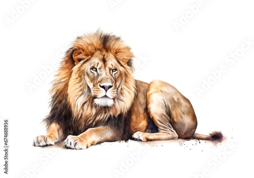 Portrait of a majestic lion on white background in watercolor style. © Hanna