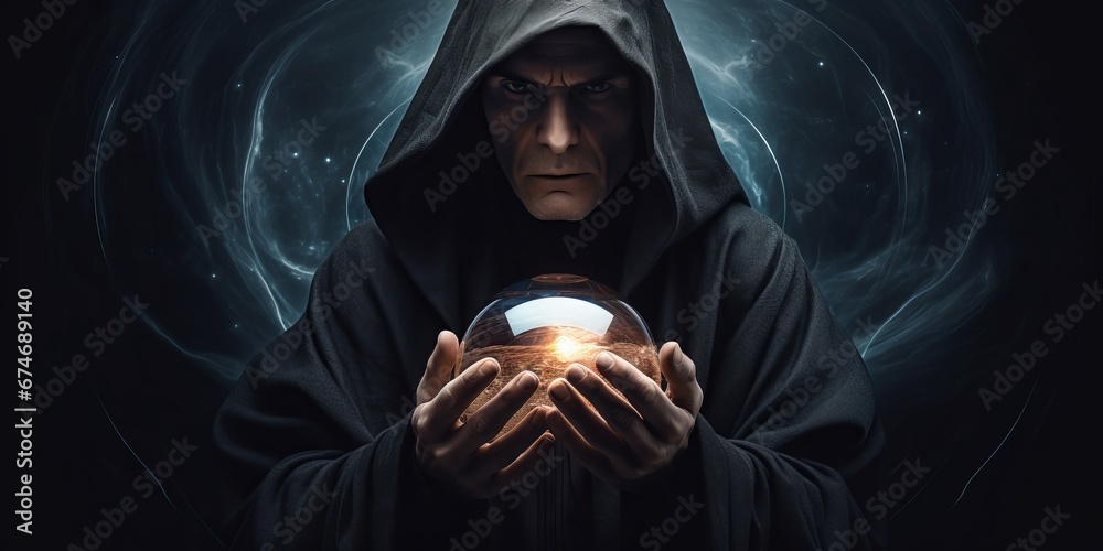 a man in a robe holding a crystal ball - obrazy, fototapety, plakaty 