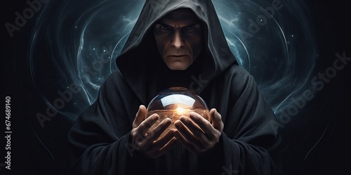 a man in a robe holding a crystal ball