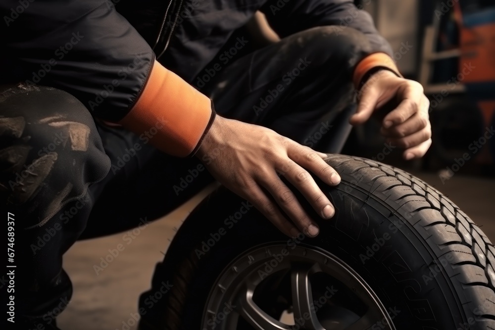 Fototapeta premium Male service station worker in uniform inspects large wheel of car looking for defects. Wheel repairman Improves transport performance at car station. Repairing vehicle parts in modern workshop