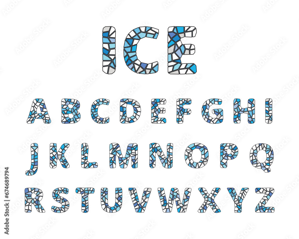 Vector Mosaic English Alphabet in blue white ice colours isolated on white background. Vector illustration Vector Mosaic English Alphabet in blue white ice colours isolated on white background. Vector illustration