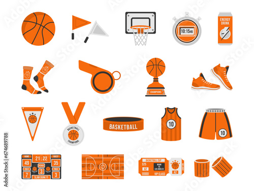 Basketball Elements Modern Flat Style. Basketball Equipment Collection Vector Icons Illustration on White Background.