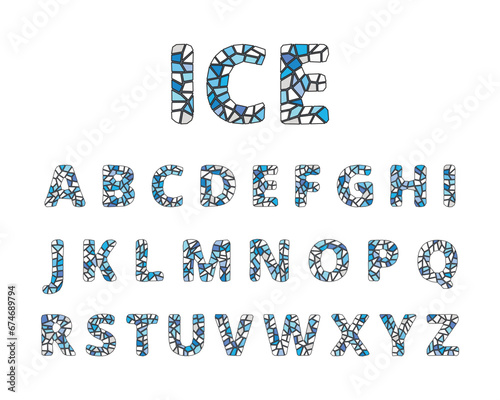 Vector Mosaic English Alphabet in blue white ice colours isolated on white background. Vector illustration