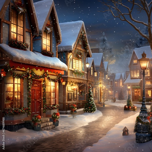 Winter village at night with snowfall and christmas decorations. Christmas background