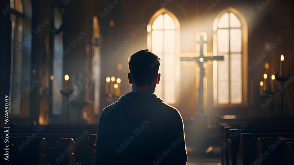 A Christian man praying inside a church with a cross in the background - obrazy, fototapety, plakaty 