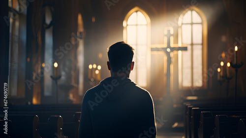 A Christian man praying inside a church with a cross in the background photo