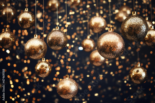 Christmas lights and decorations with Gold Ornaments against Defocused Lights in a dark Background with copy space. Christmas themes.