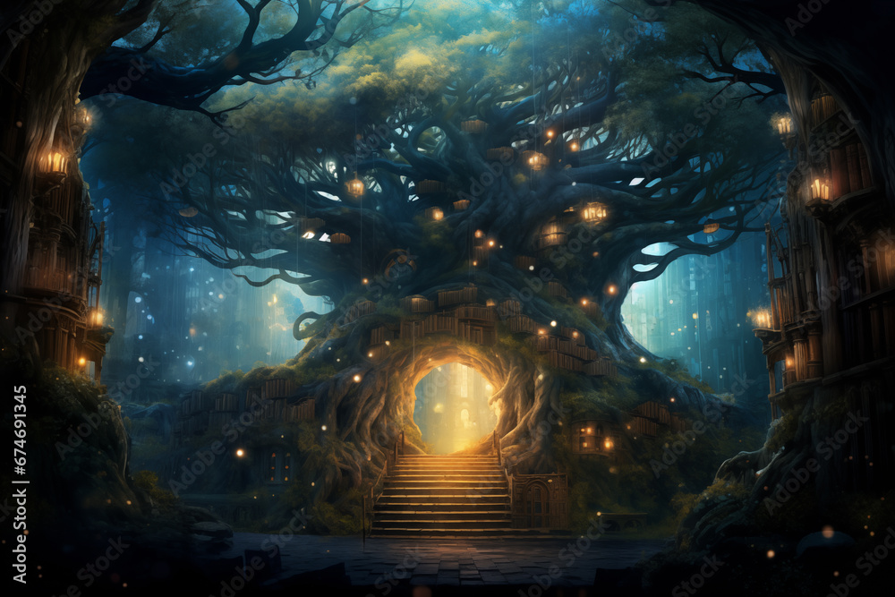 a magic tree with an entrance to a fairy-tale world a magic tree with an entrance to a fairy-tale world