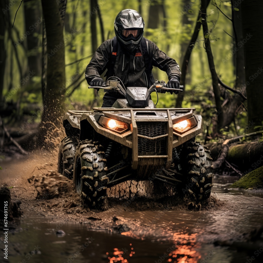a person riding a four wheeler through a muddy area