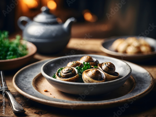Artistic snail dish escargot created with artificial intelligence	 photo