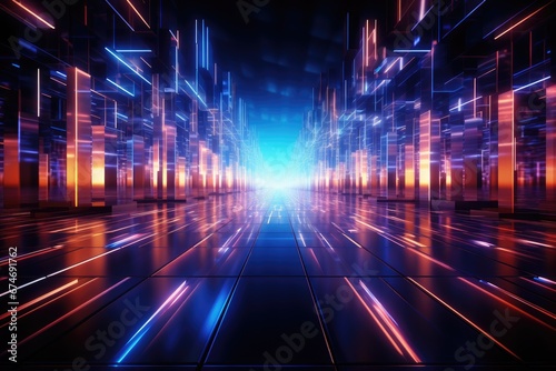 Abstract futuristic technology background with lines for network, big data, data center, server, internet, speed. Abstract neon lights in digital technology tunnel by Generative AI