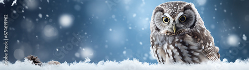 Banner with cute owl on snowy winter nature background. Generative AI photo