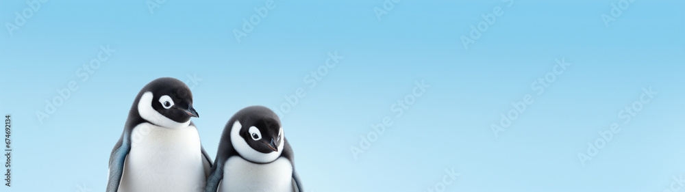 Fototapeta premium Banner with cute penguin on isolated blue background. Generative AI