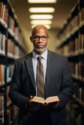 Serious elderly man university lecturer in glasses reads book repeating material to preach subject to students in dark library. Professor studies material gaining experience in educational institution