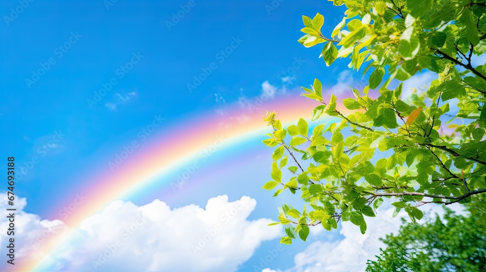Clear blue sky with a vibrant rainbow stretching across after a refreshing rain shower, symbolizes the colorful and uplifting essence of love. Clear blue sky with a vibrant rainbow stretching across after a refreshing rain shower, symbolizes the colorful and uplifting essence of love.