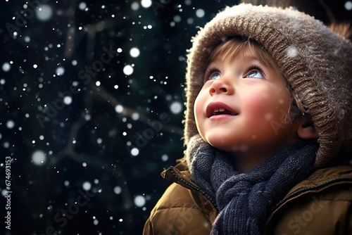 Child in awe of Christmas snow