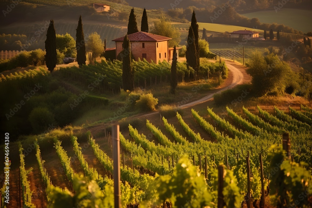Rural landscape in Tuscany, Italy. Vineyards at sunset