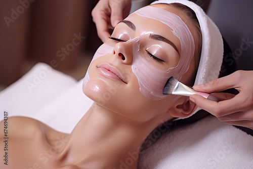Close-up portrait of beautiful woman getting a gentle facial massage by a beautician. Cosmetologist applying treatment face mask On woman face. Spa treatments, Face peeling mask, facial care.