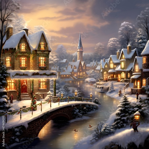 Winter night in the village. Digital painting. 3d rendering.