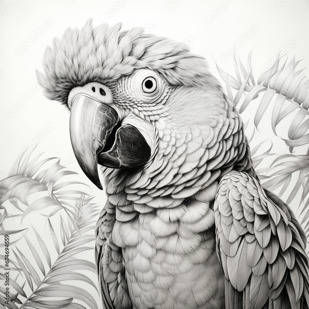 Fototapeta premium Achromatic graphite pencil drawing of a parrot in tropical jungle forest