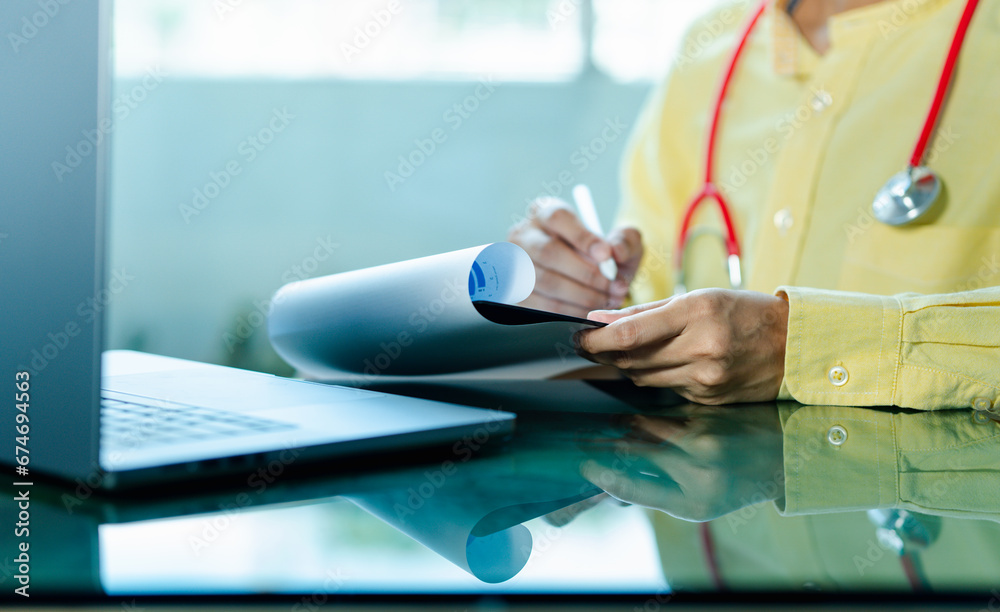 Obraz premium medical consultations, online patient care, health check ups via laptop screens, from the global internet, and symptom analysis.