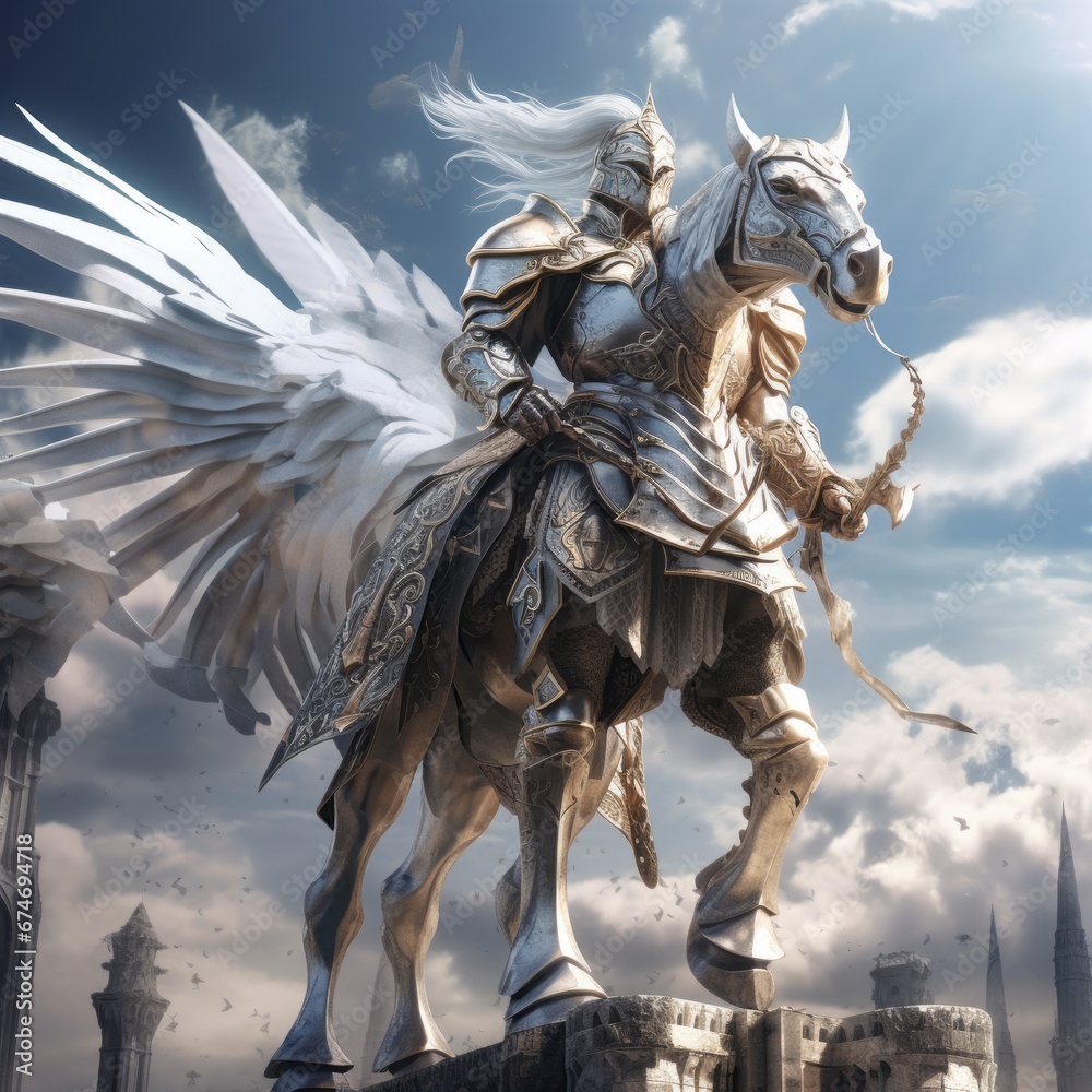 a statue of a man on a horse with wings