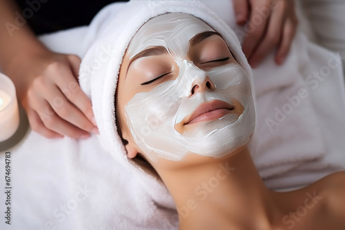 Close-up portrait of beautiful woman getting a gentle facial massage by a beautician. Cosmetologist applying treatment face mask On woman face. Spa treatments  Face peeling mask  facial care.