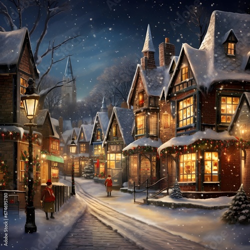 Winter street in the old town at night with snowfall, illustration