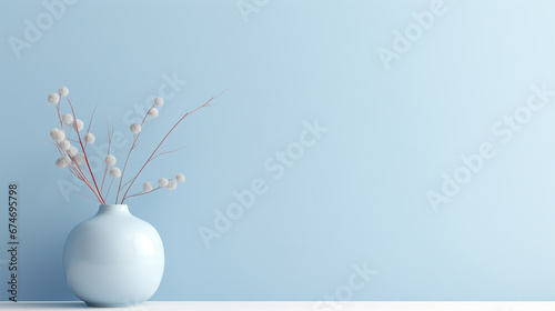 Pot of flowers on a minimalistic blue background. Created with Generative AI photo