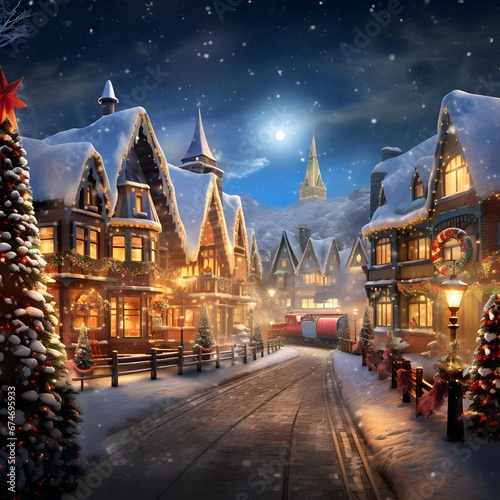 Winter village at night, with christmas trees and houses in the snow © Iman